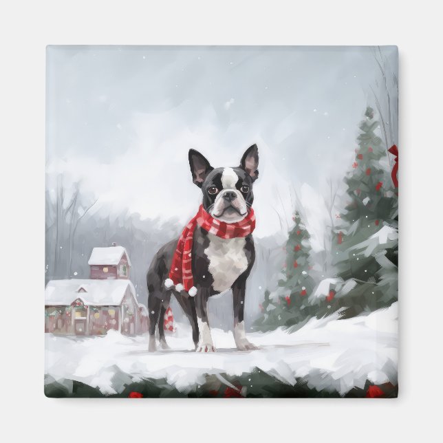 Boston Terrier Dog in Schneeweihen Magnet (Vorne)