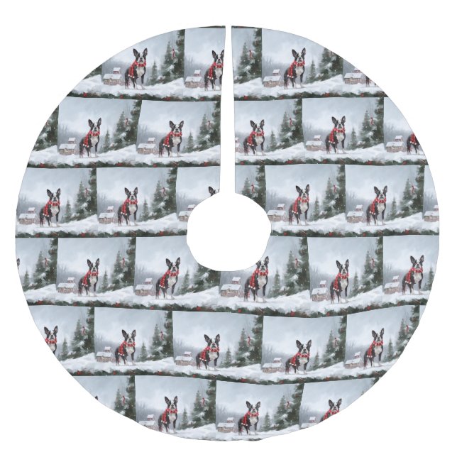Boston Terrier Dog in Schneeweihen Polyester Weihnachtsbaumdecke (Vorderseite)