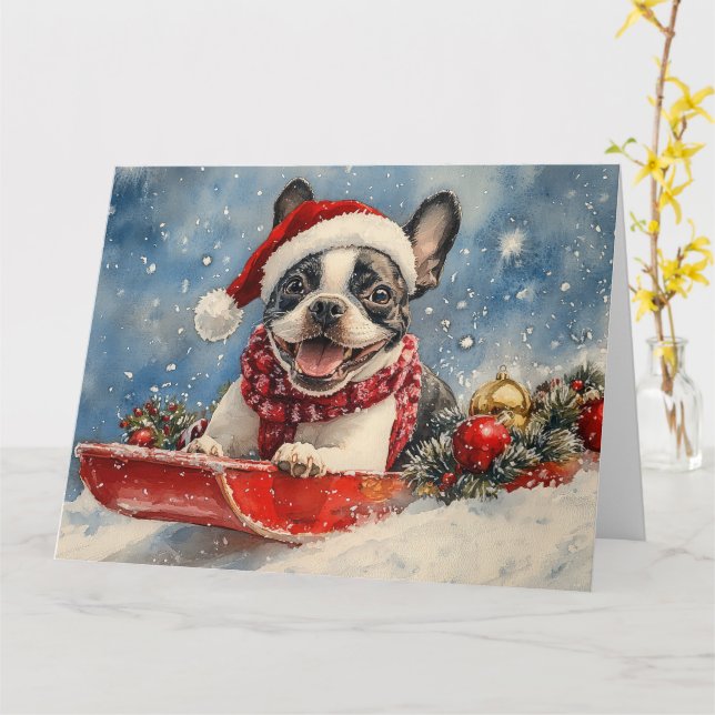 Boston Terrier Dog in Sledge Let it Snow Christmas Karte (Gelbe Blume)