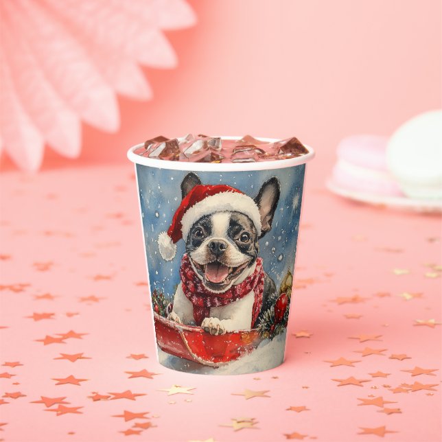 Boston Terrier Dog in Sledge Let it Snow Christmas Pappbecher (Insitu)