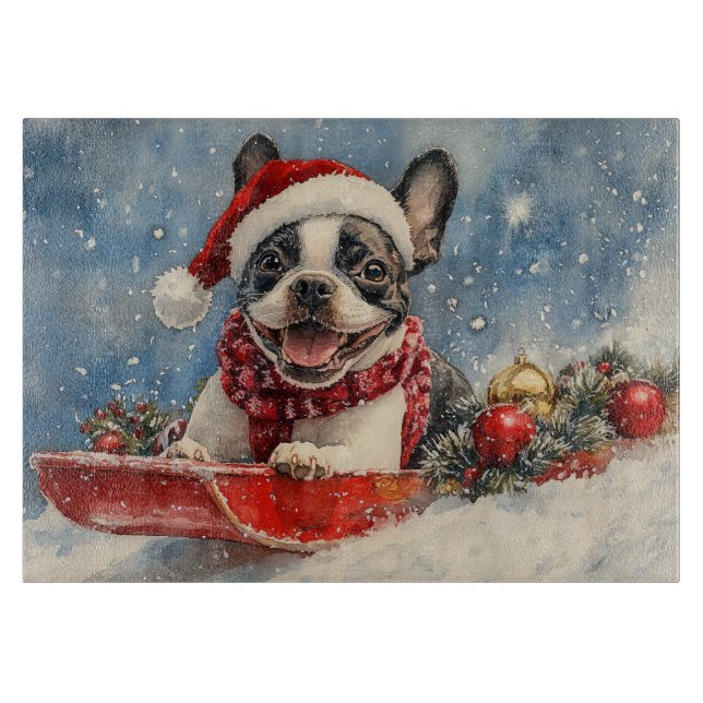 Boston Terrier Dog in Sledge Let it Snow Christmas Schneidebrett (Vorderseite)
