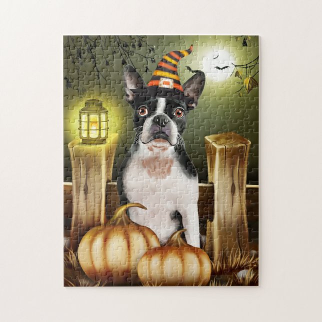 Boston Terrier Dog mit Hexenhut Halloween (Vertikal)