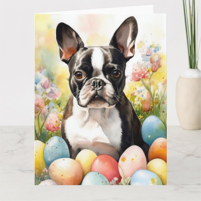 Boston Terrier Dog mit Ostereier Holiday Karte (Vorderseite)