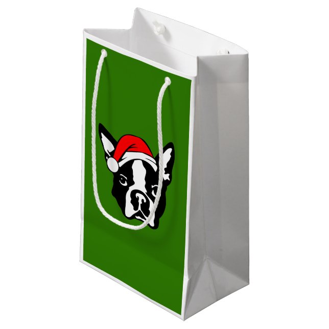 Boston Terrier Dog mit Weihnachts-Weihnachtsmannmü Kleine Geschenktüte (Vorderseite Schrägansicht)