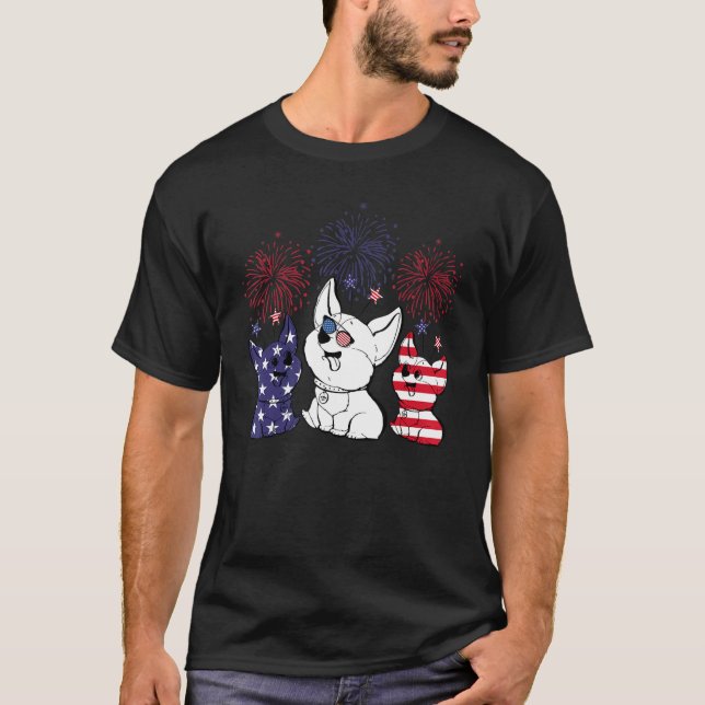 Boston Terrier Dog Pet Feuerwerk glücklich 4. Juli T-Shirt (Vorderseite)