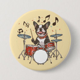 Boston Terrier Dog Playing Drums Button