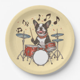Boston Terrier Dog Playing Drums Pappteller
