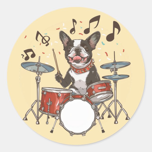 Boston Terrier Dog Playing Drums Runder Aufkleber (Vorderseite)