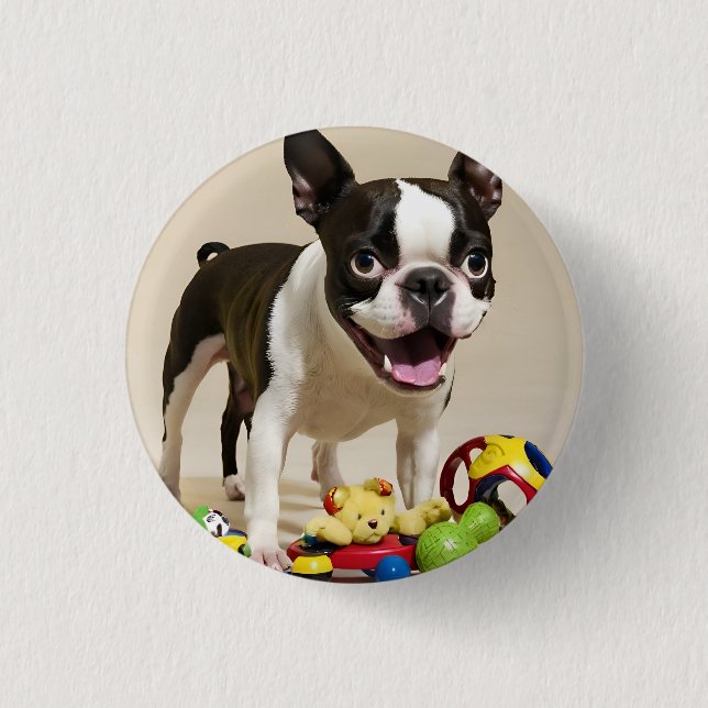 Boston Terrier Dog Playing with Toys Button (Vorderseite)