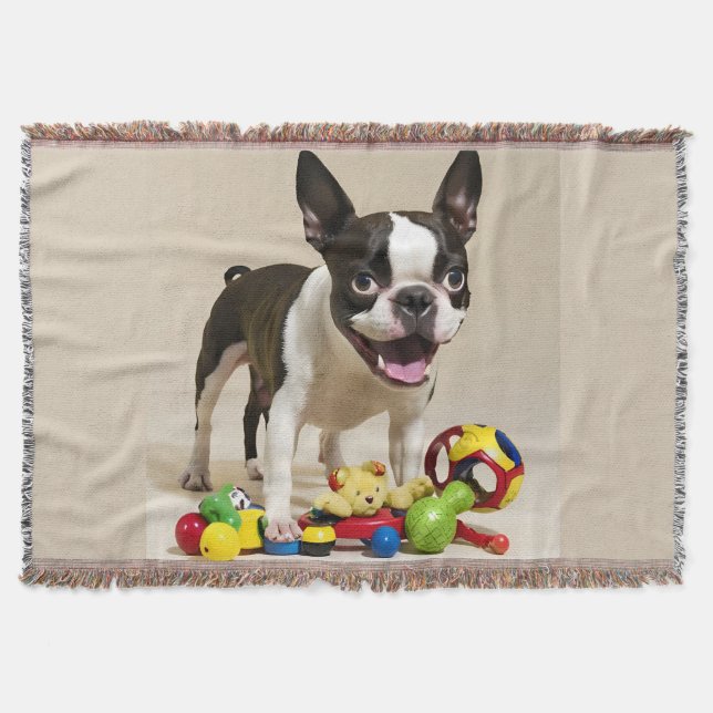 Boston Terrier Dog Playing with Toys Decke (Vorderseite)