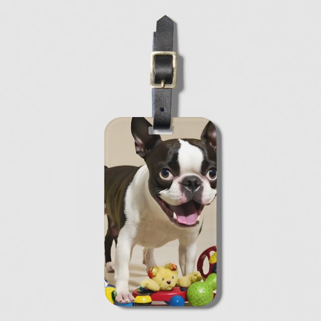 Boston Terrier Dog Playing with Toys Gepäckanhänger (Vorderseite Vertikal)