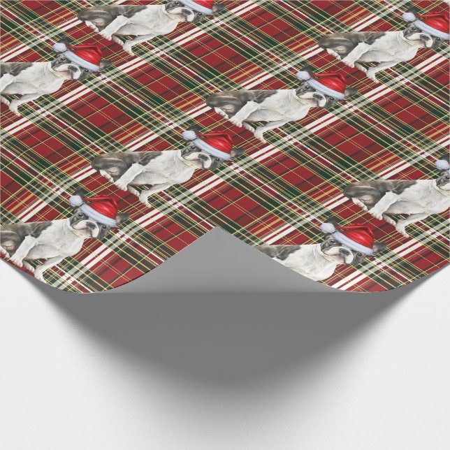 Boston Terrier Dog Red Green Kariert Weihnachten Geschenkpapier (Ecke)