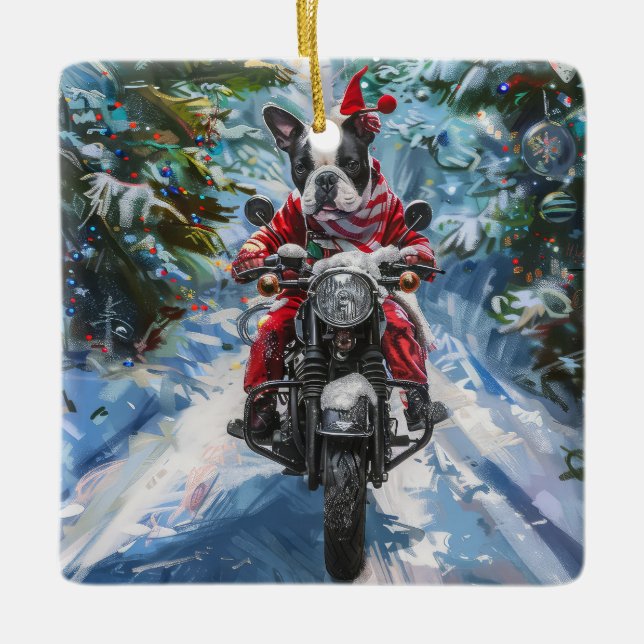 Boston Terrier Dog Riding Motorrad Weihnachten Keramikornament (Vorderseite)