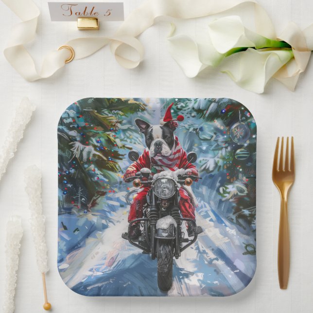 Boston Terrier Dog Riding Motorrad Weihnachten Pappteller (Hochzeit)