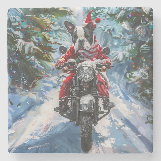 Boston Terrier Dog Riding Motorrad Weihnachten Steinuntersetzer (Vorderseite)