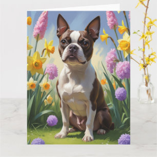 Boston Terrier Dog Spring Blumen Malerei Karte