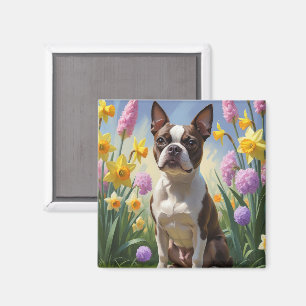 Boston Terrier Dog Spring Blumen Malerei Magnet