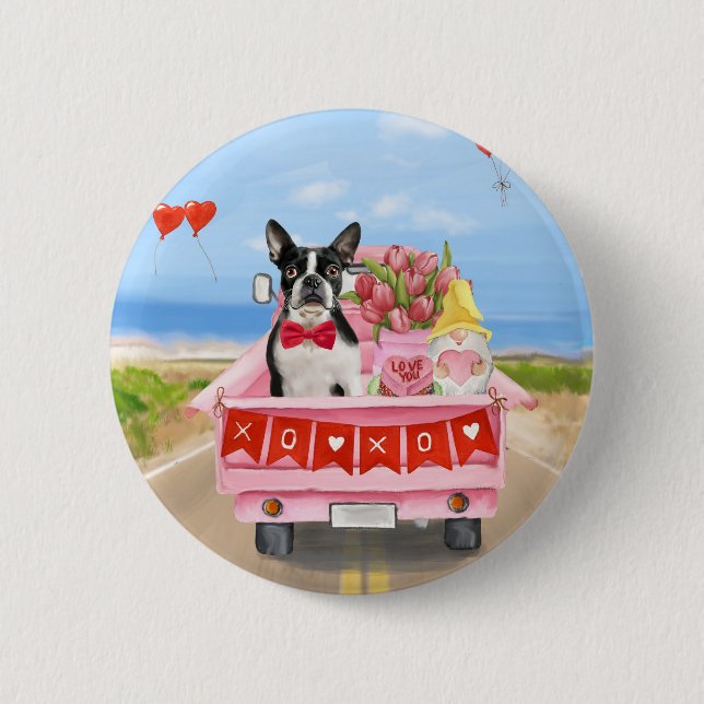 Boston Terrier Dog Valentine's Day Truck Hearts Button (Vorderseite)