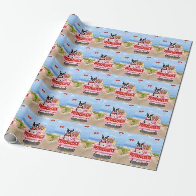 Boston Terrier Dog Valentine's Day Truck Hearts Geschenkpapier (Ungerollt)