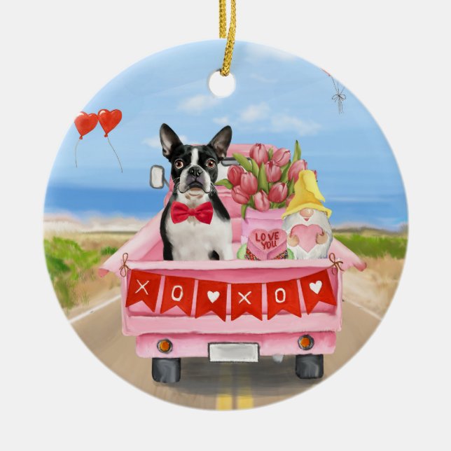 Boston Terrier Dog Valentine's Day Truck Hearts Keramik Ornament (Vorne)