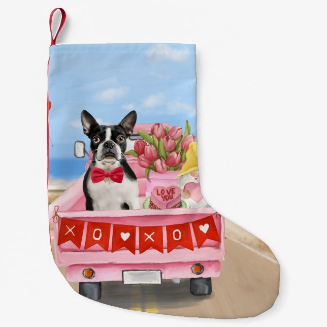 Boston Terrier Dog Valentine's Day Truck Hearts Kleiner Weihnachtsstrumpf (Vorderseite)