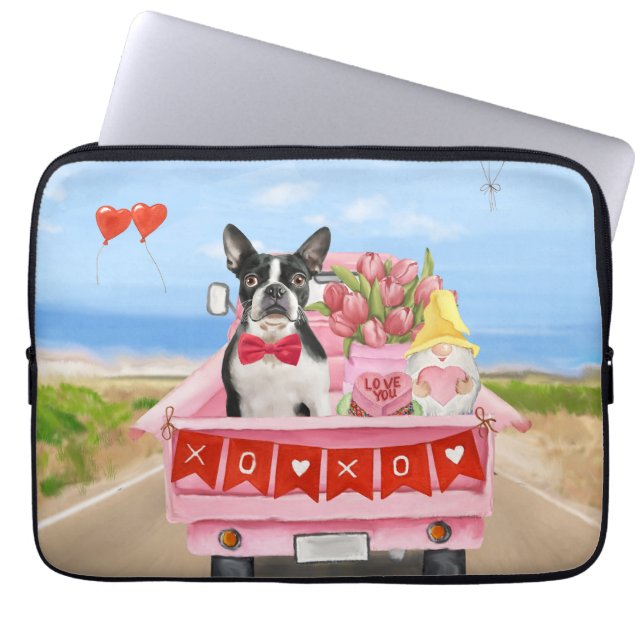 Boston Terrier Dog Valentine's Day Truck Hearts Laptopschutzhülle (Vorderseite)
