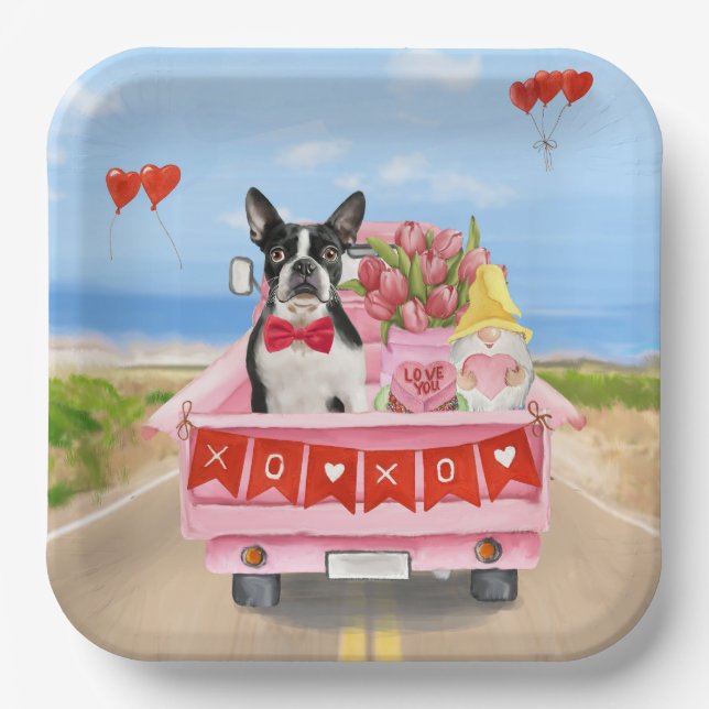 Boston Terrier Dog Valentine's Day Truck Hearts Pappteller (Vorderseite)