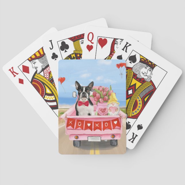 Boston Terrier Dog Valentine's Day Truck Hearts Spielkarten (Rückseite)