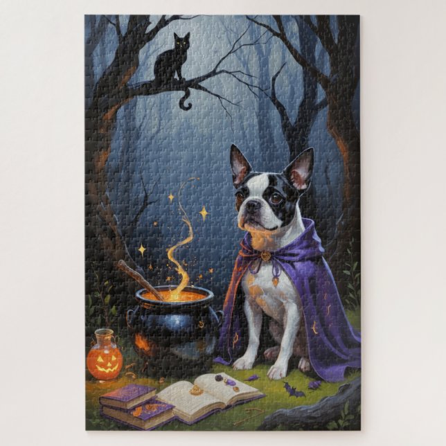 Boston Terrier Dog Whimsical Halloween Malerei (Vertikal)