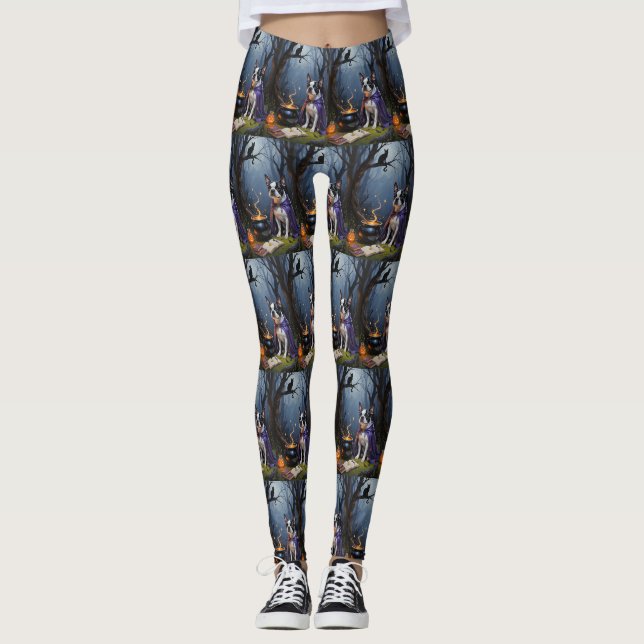Boston Terrier Dog Whimsical Halloween Malerei Leggings (Vorderseite)