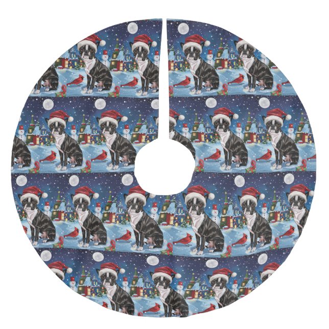 Boston Terrier Dog Winter Wonderland Weihnachtsfre Polyester Weihnachtsbaumdecke (Vorderseite)