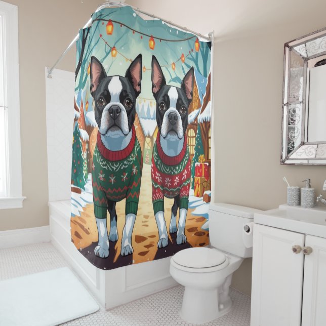 Boston Terrier Dogs Christmas Snow Holiday Duschvorhang (Beispiel)