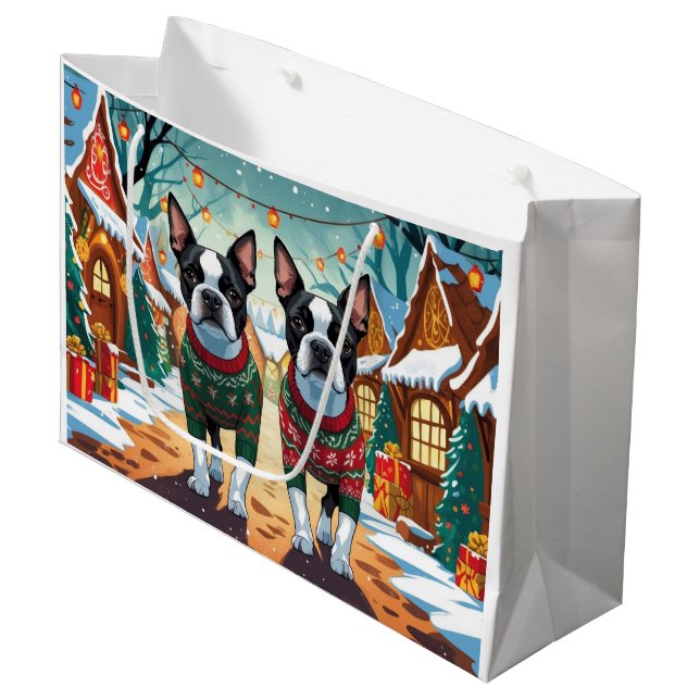 Boston Terrier Dogs Christmas Snow Holiday Große Geschenktüte (Vorderseite Schrägansicht)