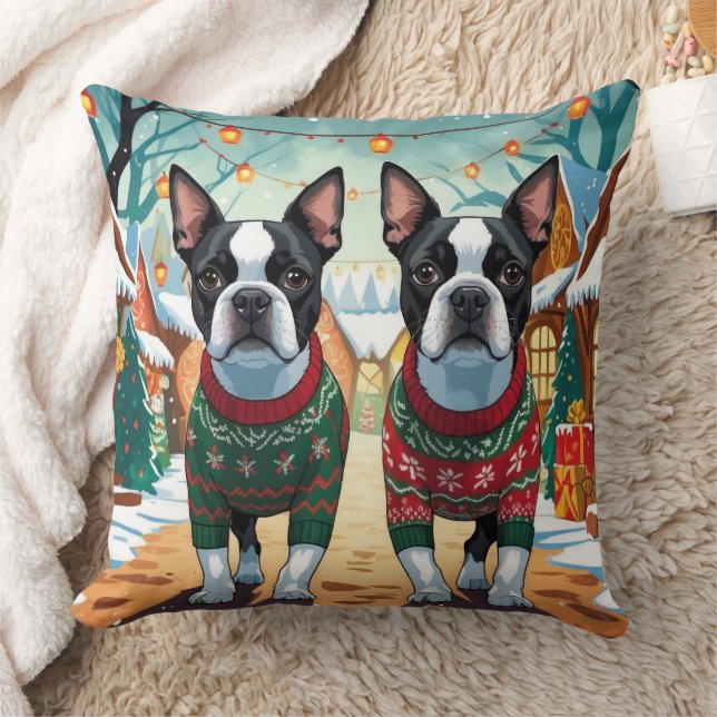 Boston Terrier Dogs Christmas Snow Holiday Kissen (Decke)