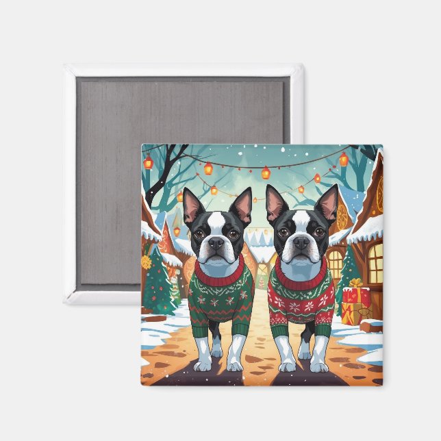 Boston Terrier Dogs Christmas Snow Holiday Magnet (Vorderseite/Rückseite)