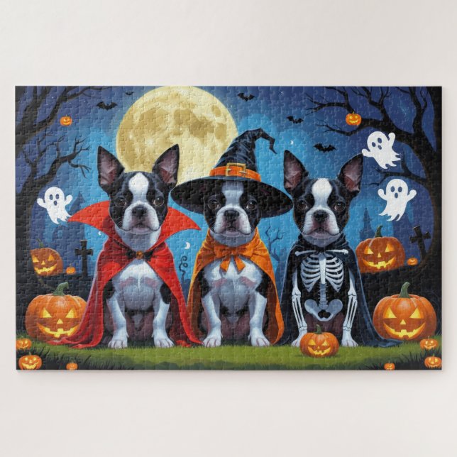 Boston Terrier Dogs Pumpkin Halloween Funny (Horizontal)
