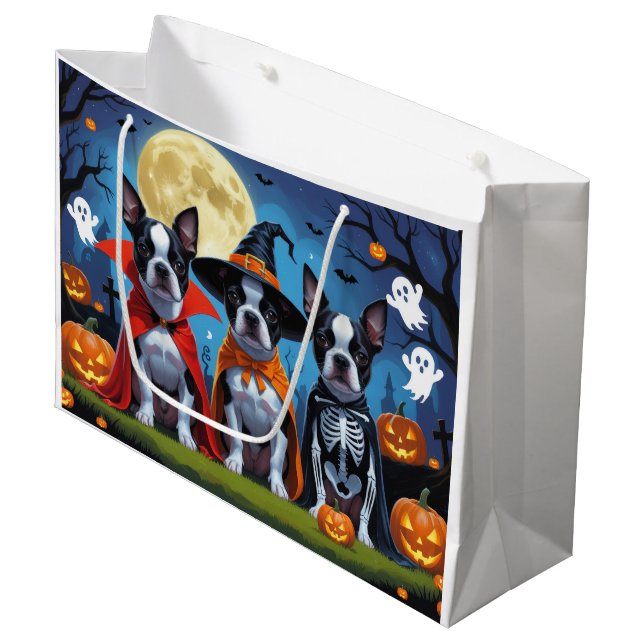 Boston Terrier Dogs Pumpkin Halloween Funny Große Geschenktüte (Vorderseite Schrägansicht)
