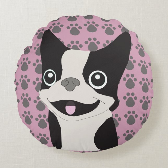 Boston Terrier, Dusty Pink Rundes Kissen (Vorderseite)