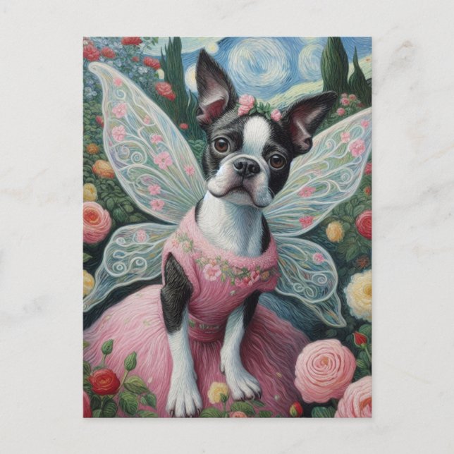 Boston Terrier Faia im Blumengarten Postkarte (Vorderseite)
