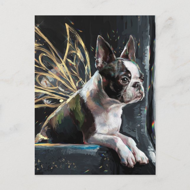 Boston Terrier Fairy auf einem Zug Postkarte (Vorderseite)