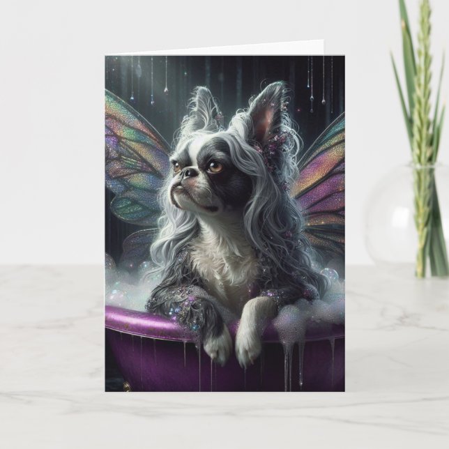 Boston Terrier Fairy Gray Wig in einer Lila Badewa Karte (Vorderseite)