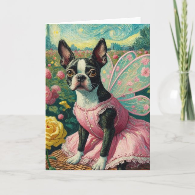 Boston Terrier Fairy im Rose Garden Van Gogh Karte (Vorderseite)