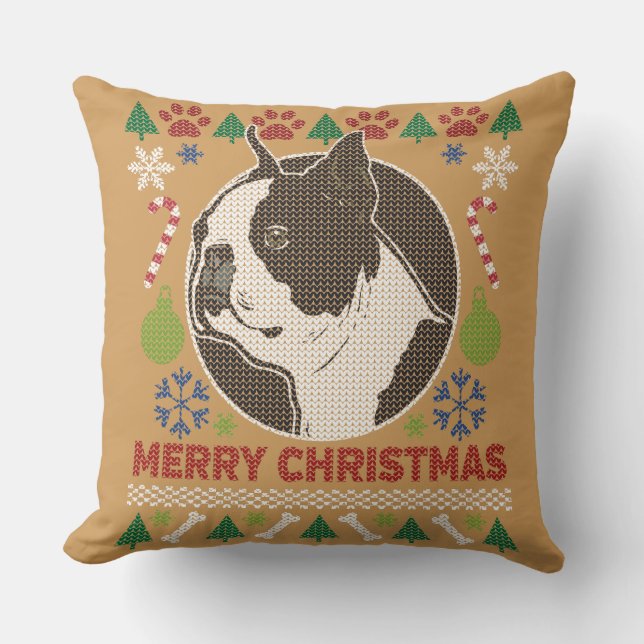 Boston Terrier Frohe Weihnachten Ugly Sweater Kissen (Vorderseite)