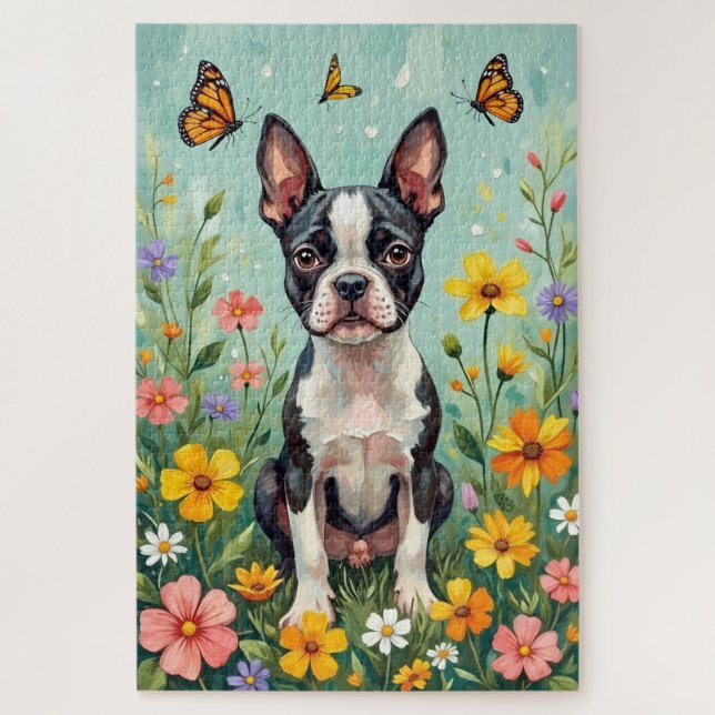 Boston Terrier Frühling Botanischer Garten Hund (Vertikal)
