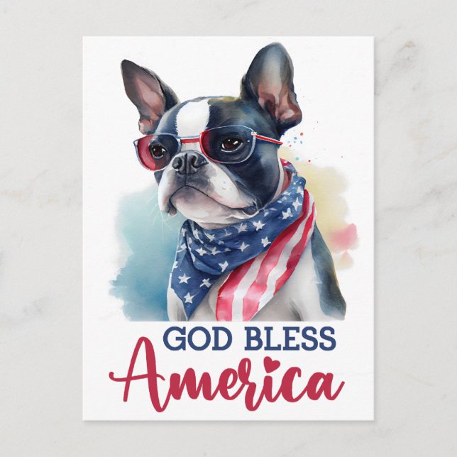 Boston Terrier, Gott segne Amerika Postkarte (Vorderseite)