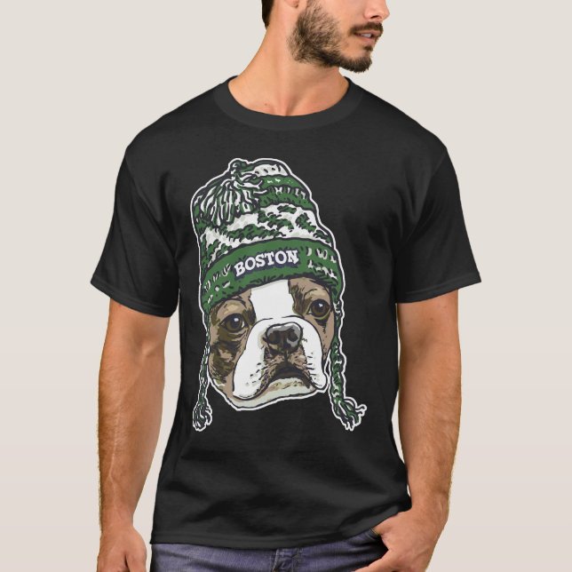 Boston Terrier Green Beanie T-Shirt (Vorderseite)