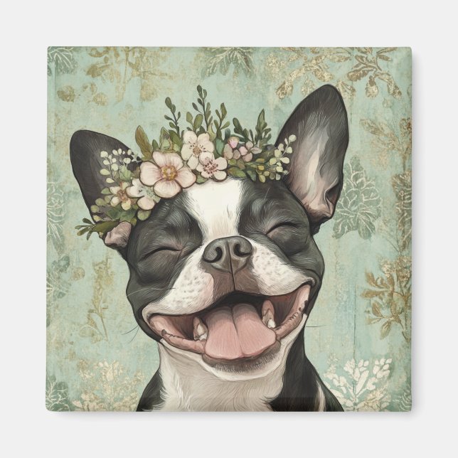 Boston Terrier Green Floral Kitchen Magnet (Vorne)