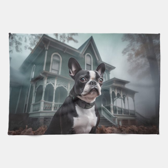 Boston Terrier Halloween Beängstigend Geschirrtuch (Horizontal)