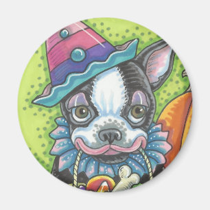 BOSTON TERRIER HALLOWEEN CLOWEN, DOG MAGNET Round