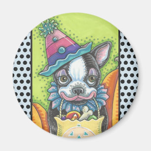 BOSTON TERRIER HALLOWEEN CLOWN, CHIEN MAGNET Round